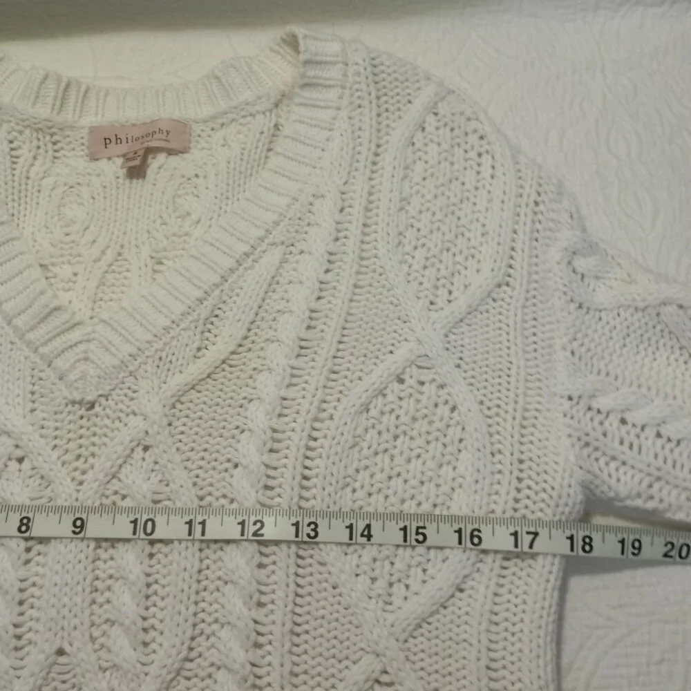Philosophy Sweater Size S White Cable Knit V-Neck 61% Cotton Blend Womens - Picture 8 of 10